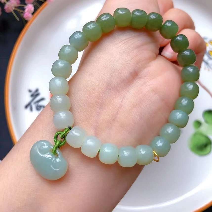 Natural Green Jade A Rainbow Nephrite Bracelet Pendant Jewelry Stretch Round Beads 8mm Hetian Jade For Women Men Jewelry AAAAA