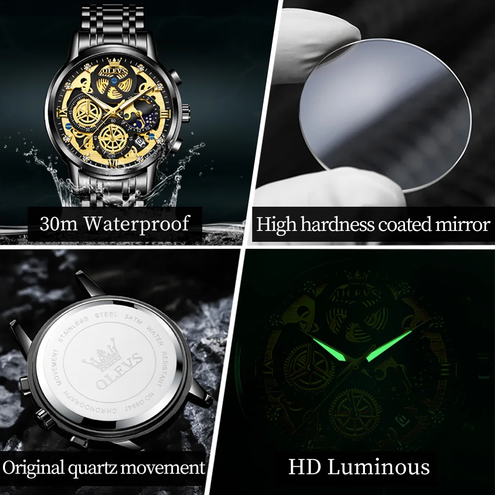 OLEVS 9947 Hot Sell Original Quartz Watch for Men Skeleton Flywheel Design Classic Chrono Small Dial Top Luxury Men's Wristwatch image 5
