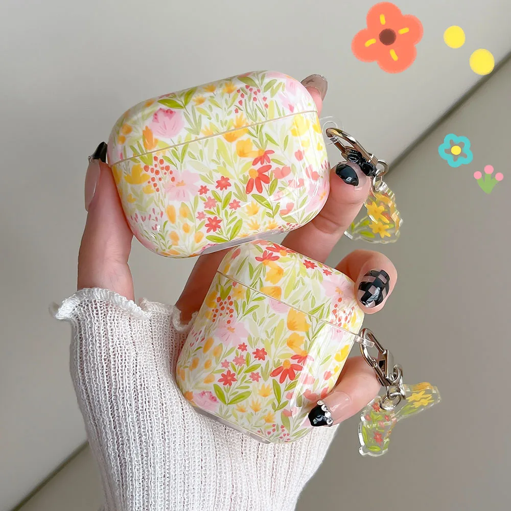 Korean Cute Fresh Flowers Leaf Case with Keyring for AirPods 1 2 Pro Bluetooth Earphone Cases for AirPod 3 2 Soft Headset Cover