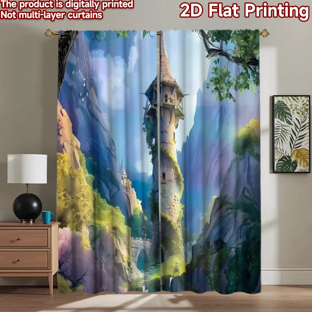 2D flat 2pcs Curtain Modern Minimalist Style Fantasy Stone Tower Digitally printed polyester, colorfast Festive Curtains Use for