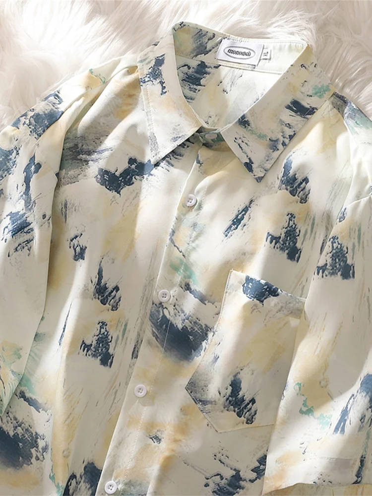

Ice Silk Men's Short Sleeve Shirt Water-Media Tie-Dye Baroque Design Casual High-End Couple's Fashion Summer Thin Loose Fit