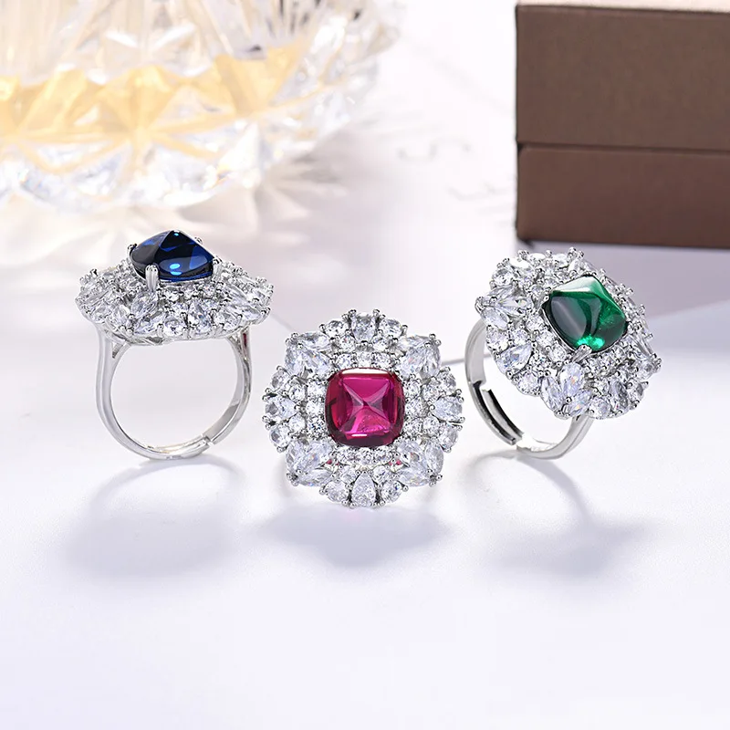 New High-end Jewelry Colorful Emerald Pigeon Blood Ruby Sugar Tower Full Diamond Inlaid Ring Master 10*10