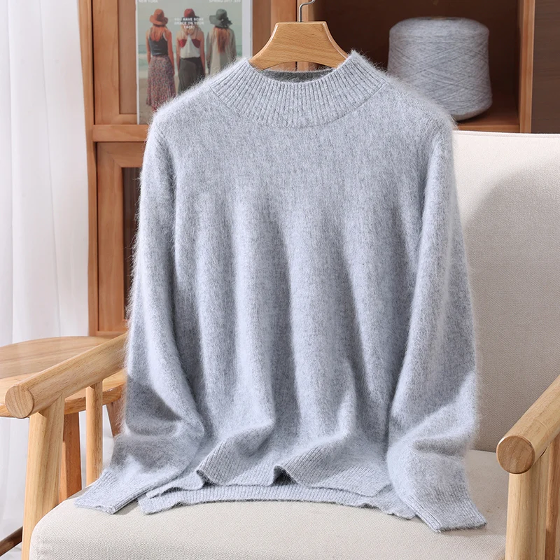 

100% Mink Cashmere Women's Pullover Solid Color Sweater Mock Neck Autumn Winter Basic Versatile Inner Wear Fashion Sweater Tops
