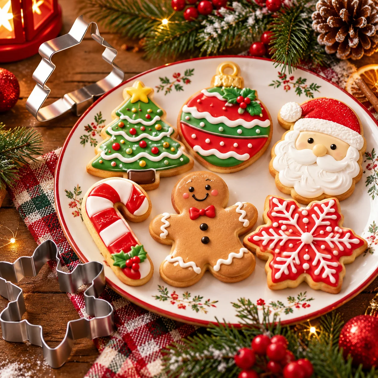 6PCS Christmas Cookie Cutter Set Food-Safe Stainless Steel Red Edge Cutters for Candy Cheese Fruit Pancake Home DIY Baking