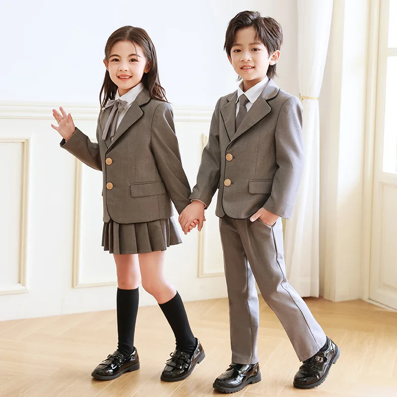 Children Uniform Pleated Skirts School Style High Waist Grey Skirt Cute Superior Quality British Style School Uniform Full Set