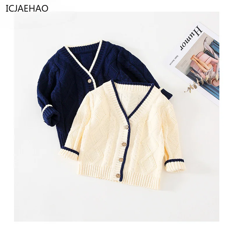 

ICJAEHAO 2024 Boys' Sweater Cardigan Autumn New Style Western Wearing Korean Style Fashionable Retro Knitted Outer Wearing Kids