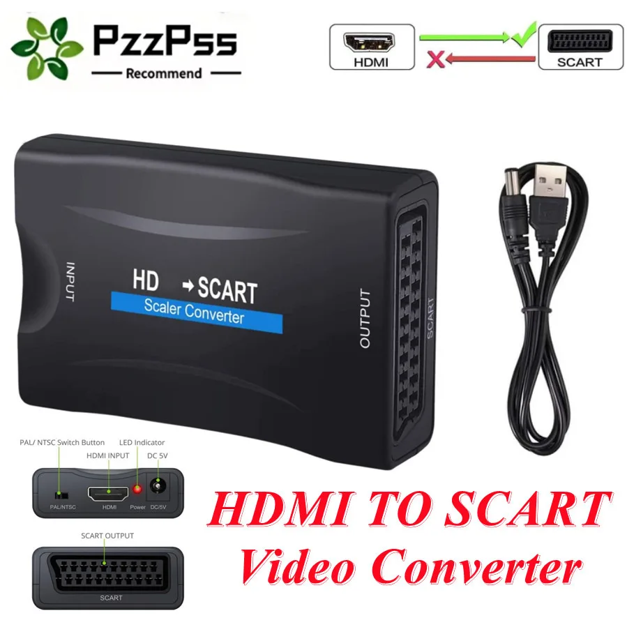 Adaptador de Audio y vídeo HDMI a SCART HD 1080P, adaptador convertidor Universal para HD TV DVD Box, bajo consumo de energía con Cable de alimentación