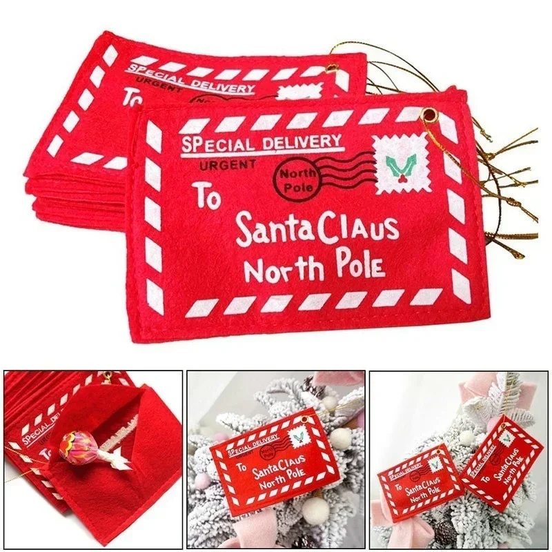Santa Claus Envelope Red Felt Non-Woven Letter Embroidered Envelopes for Christmas Tree Hanging Card Candy Gifts Bags Home Decor