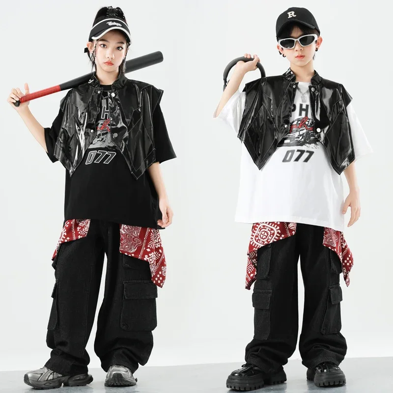 Roupas de hip hop meninos camiseta colete calças camufladas meninas legal jazz dança de rua traje crianças conjunto adolescente k-pop streetwear