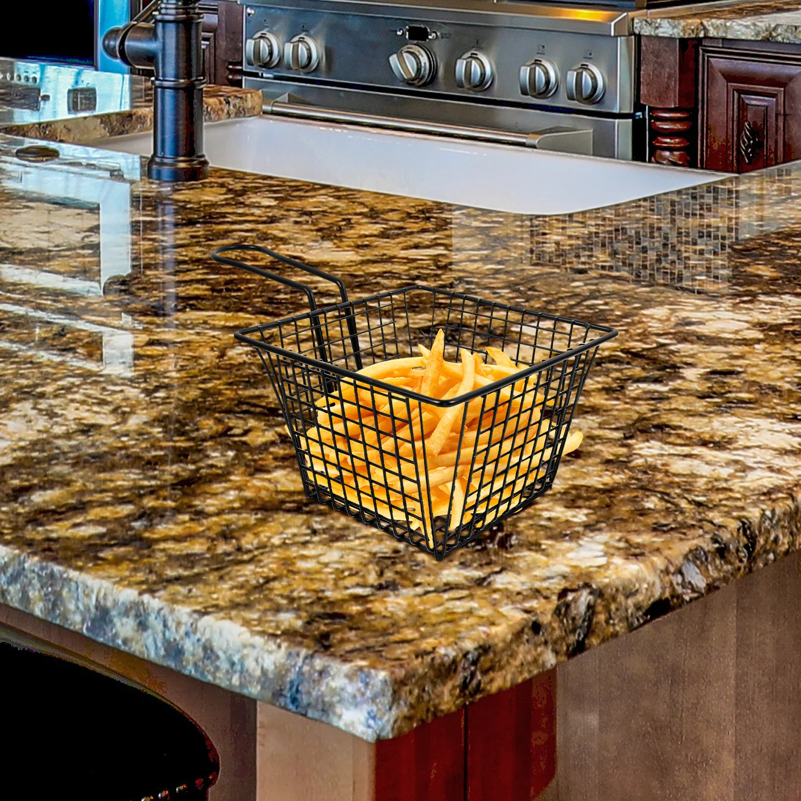 

1pc Sturdy Stainless Steel Fry Rectangular Snack Basket For Fries Chicken Noodles Oil Draining Mesh Container Kitchen Cooking