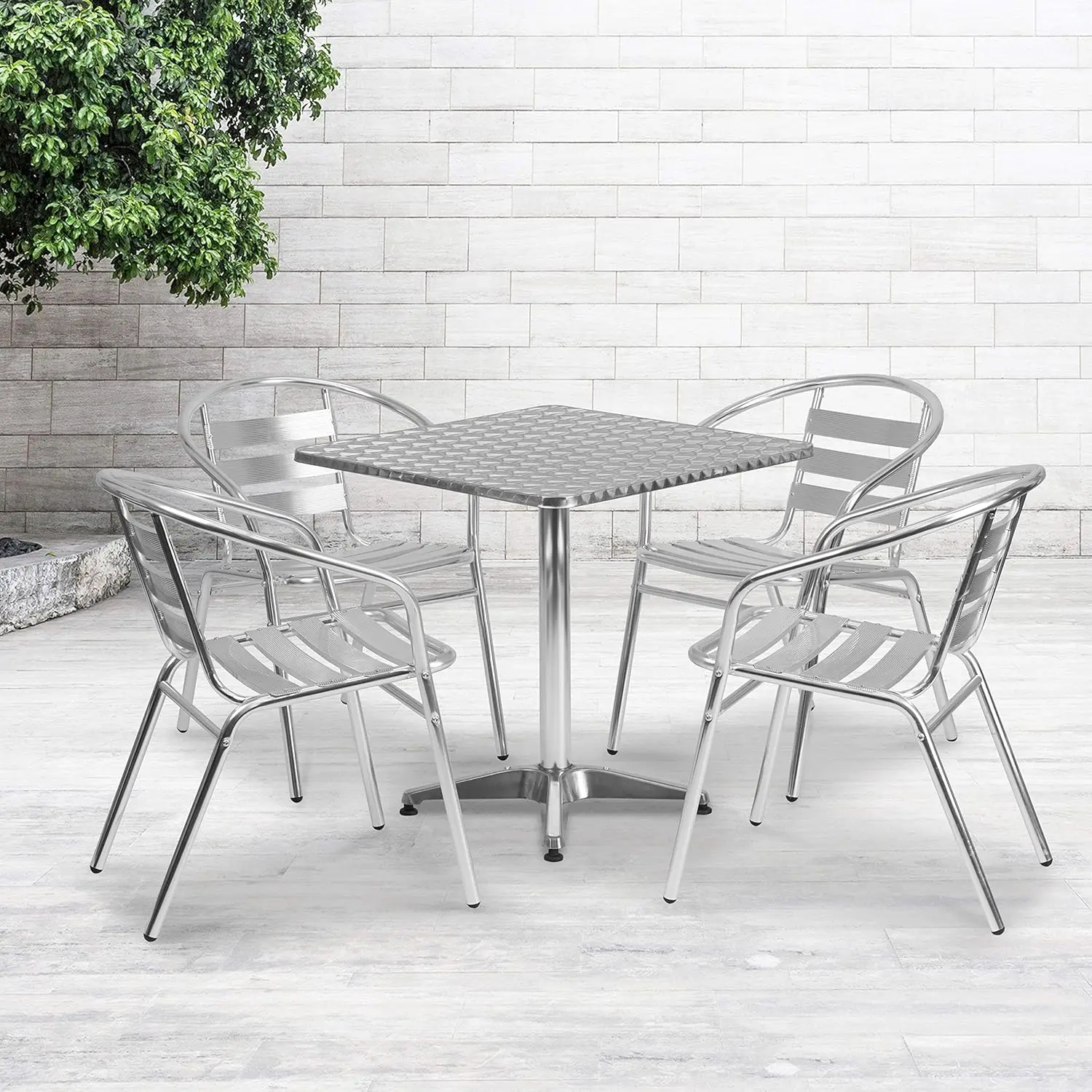 Conjunto de jantar de alumínio com mesa quadrada, 4 cadeiras de slat, interior e exterior, mesa e cadeiras de bistro, prata, 5 pcs