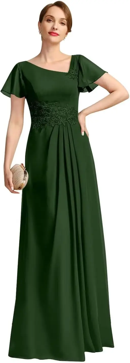 فستان وصيفة العروس من الشيفون بأكمام مطوية وياقة غير متماثلة من الدانتيل ملصق طويل أنيق رسمي للنساء فستان سهرة BallDress