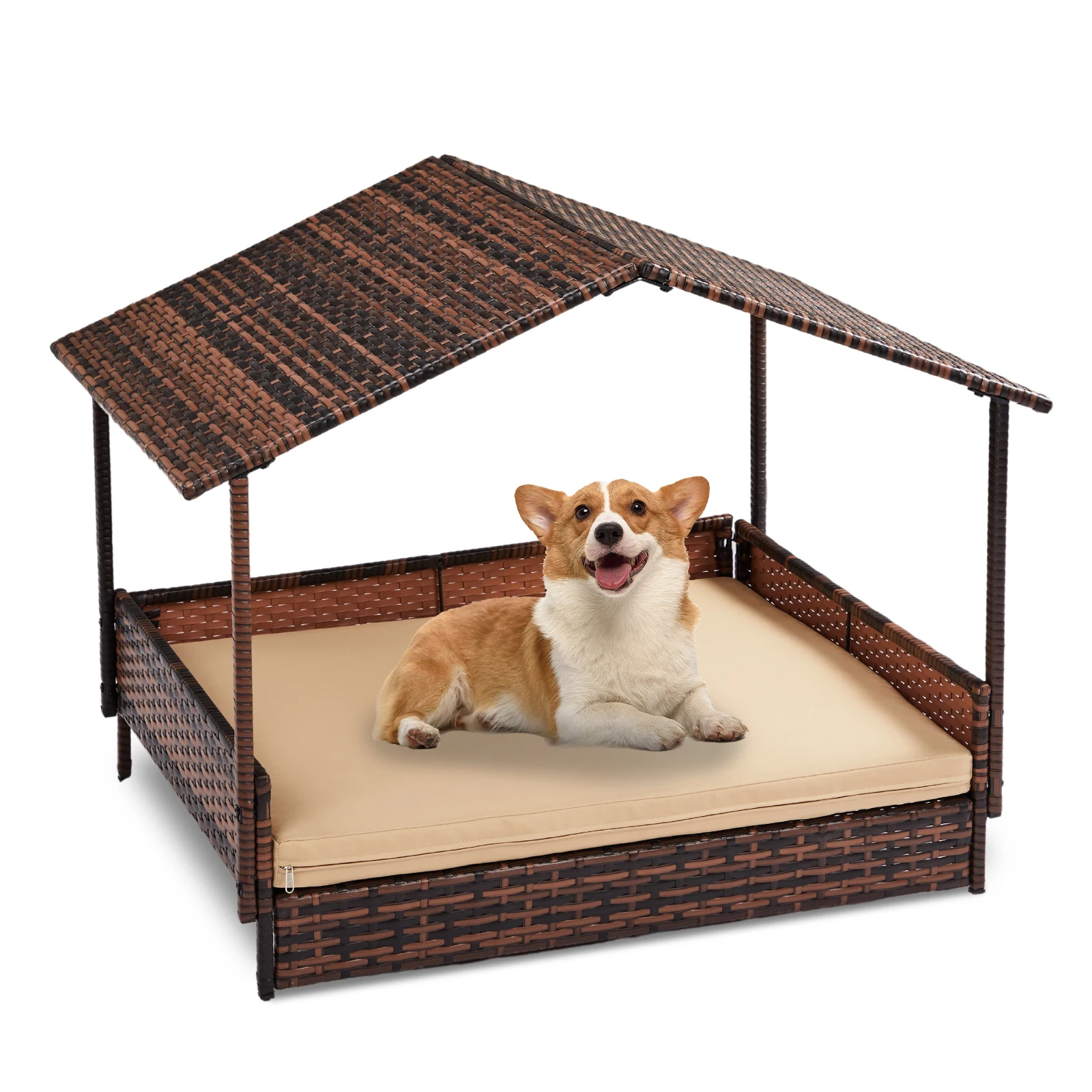 Wicker Dog House, Elevated Rattan Dog Bed with Canopy and Washable Cushion Cover, Indoor Outdoor Raised Pet House