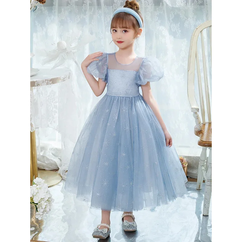 ใหม่ Elsa Light Blue Elegant ชุดเจ้าหญิงโบว์ใหญ่เด็กผู้หญิงเงาชุดผ้าพันคอสําหรับ Grand อย่างเป็นทางการพิธีวันเกิด Carnival Party