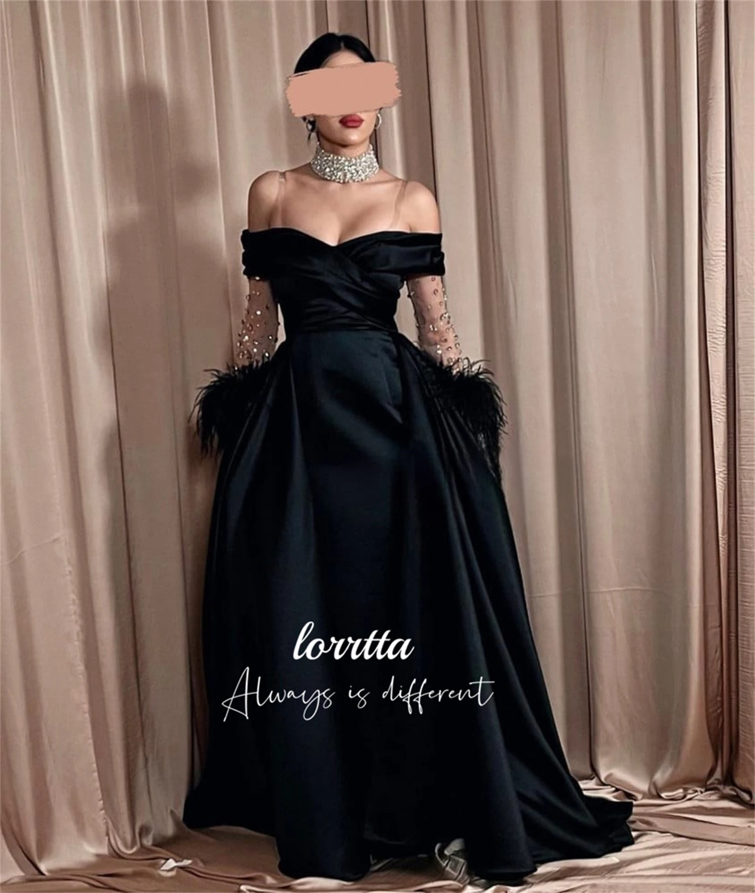 Lorrtta Feather Decoration Grace Glitter Black Satin Evening Dress Sharon Happy Dresses Elegant Women 2024 Wedding Midi Cocktail