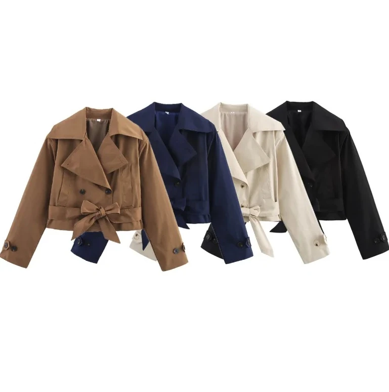 

Women British Style Trench Coat Double Breasted Belt Lapel Jacket Long Sleeve Short Casual Elegant Outerwear Spring Autumn Coat