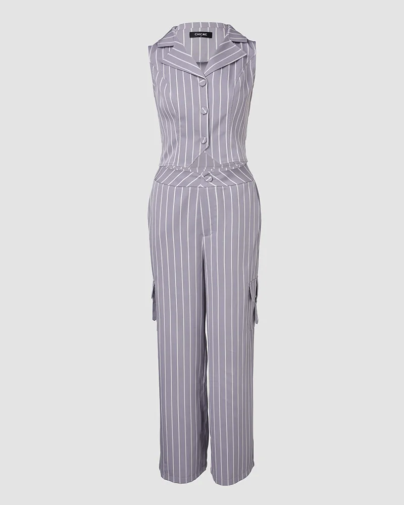 Notched Collar Striped Vest & Pocket Design Straight-Leg Pants Set