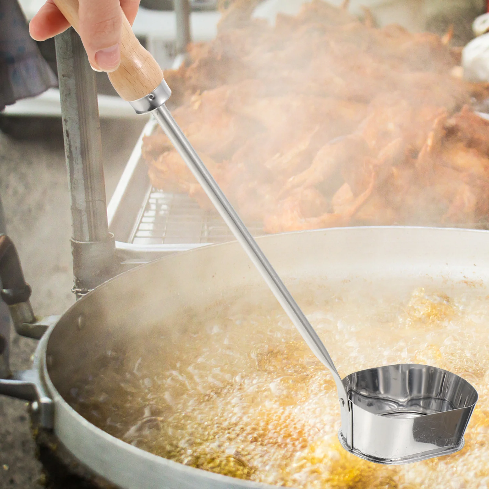 

Stainless Steel Frying Spoon with Wooden Handle for Home Restaurant Use Non-Stick Cooking Utensil Kitchen Snack Mold Tool