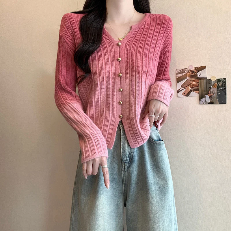

Pink Gradient V-neck Sweater Women's Base Shirt Slim Top