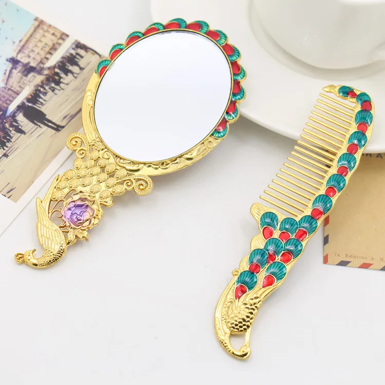 Vintage Peacock Handle Mirror Comb Set Portable Makeup Mirror Gift Box Pack Event gift