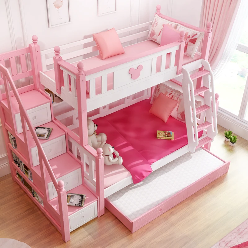 Solid wood mother-child bed Princess children's high and low beds Modern simple women should bunk pink adult mother-child bunk b