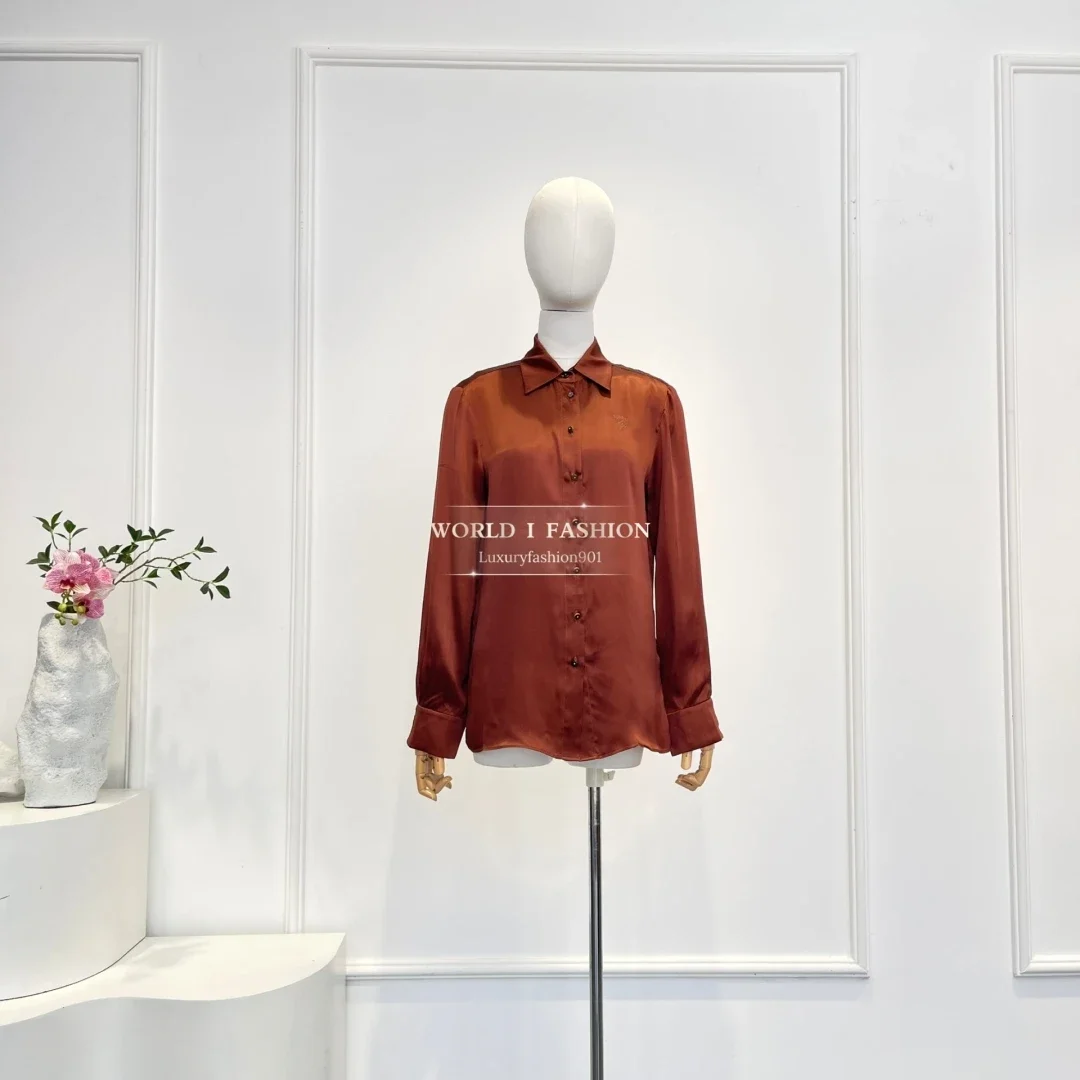 Langarm-Satin-Bluse, Tops, hohe Qualität, 2025, neue Mode, Rot, Braun