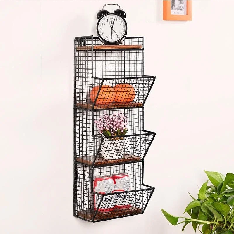 Punching-free storage rack iron wall storage rack good air permeability solid wood wall hanging kitchen bathroom rack wall shelf