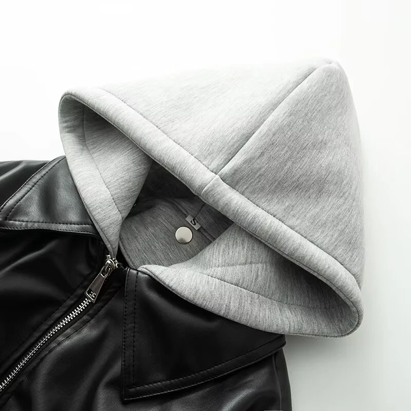 KEYANKETIAN 2025 Winter New Women's Artificial Leather Hooded Jacket Unisex style Loose Zipper Short Blazer Patchwork Outerwear