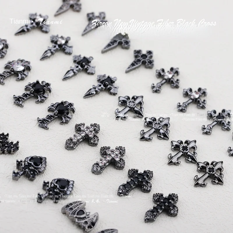 10pcs Cyberpunk Style Nail Cross Dark Black Nail Charms Diamond Fashion Cool Flash Bose Croix Cross Nail Accessories Wholesale