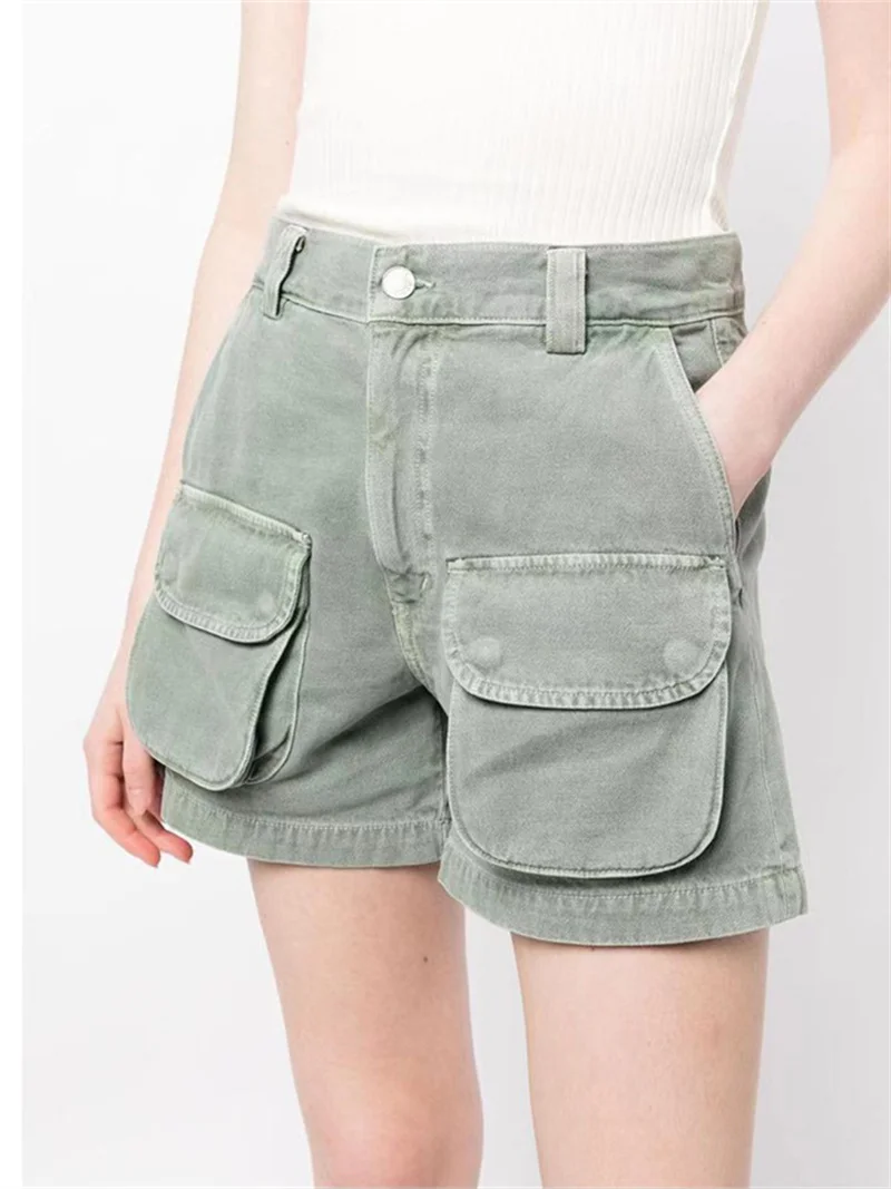 Ladies High Waist Fashion Short Denim Pants 2024 New Women Pocket Decoration Army Green Shorts Summer All-Match