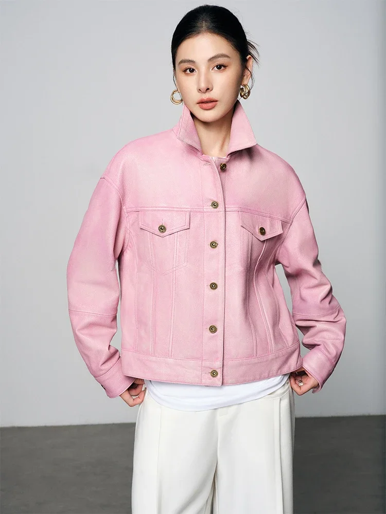 

Vintage Short Genuine Leather Jackets for Women Spring Autumn 2026 New High-end Simple Single Breasted Soft Real Sheepskin Coat