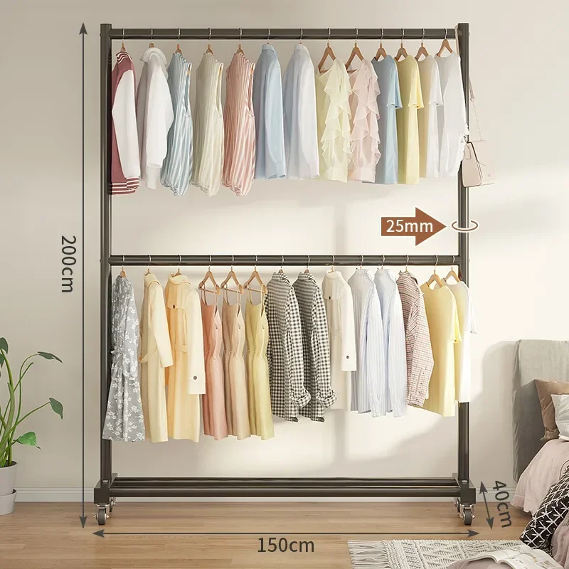 

Double-decker clothes rack Home landing does not occupy a simple clothes rack with wheels for hanging clothes in the bedroom