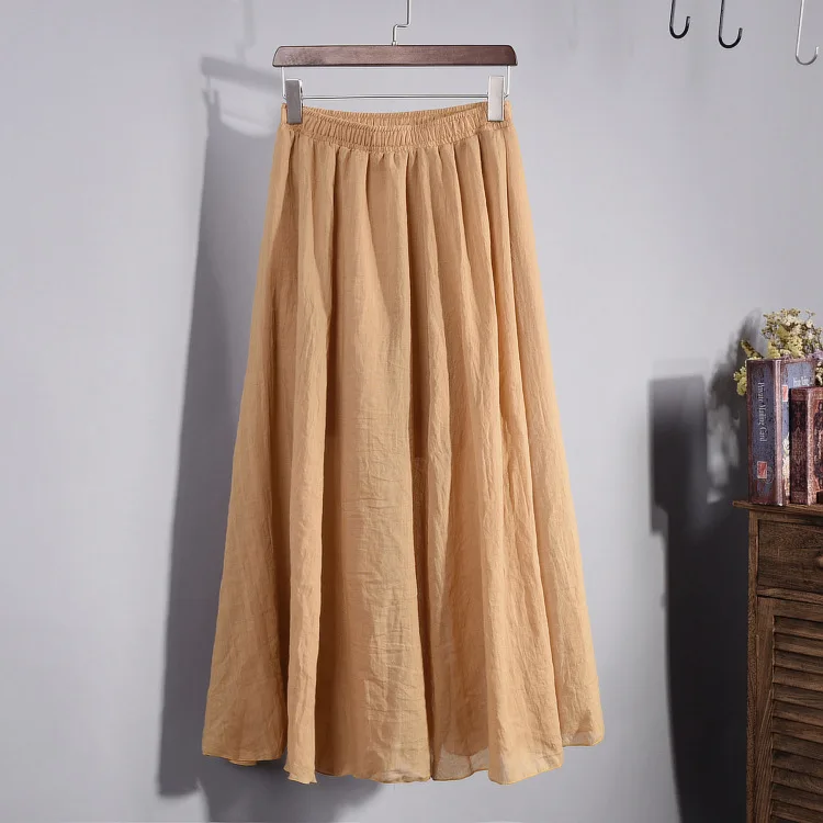 Cotton Linen Skirts For Women\'s High Waist a-Line Long Pleated Skirt Casual Solid Color Elastic Waist Draping Summer Beach Skirt