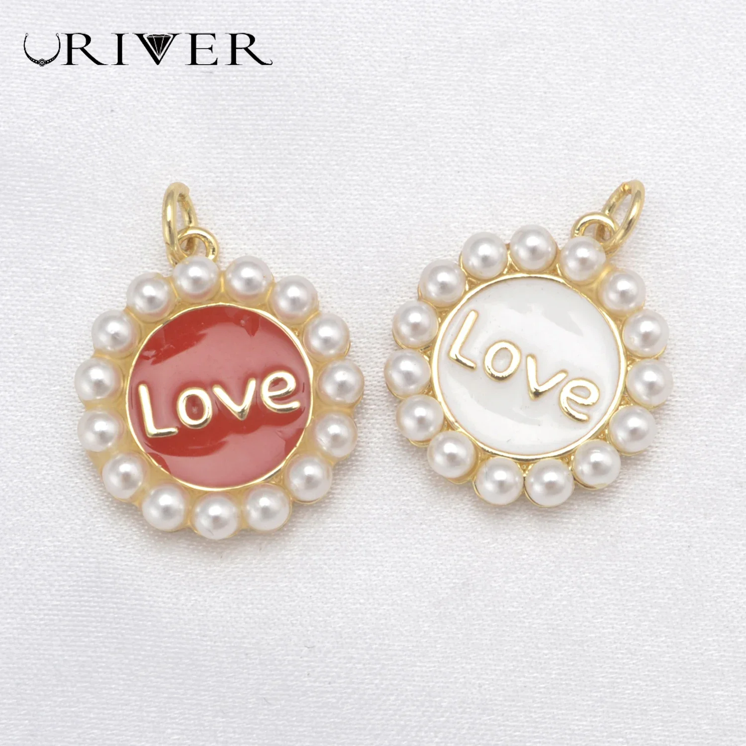 LJRIVER 5 Pcs Brass Charms for Woman Colorful Love Romantic Pendant DIY Jewelry Imitation Pearl Jewelry Materials Wholesale