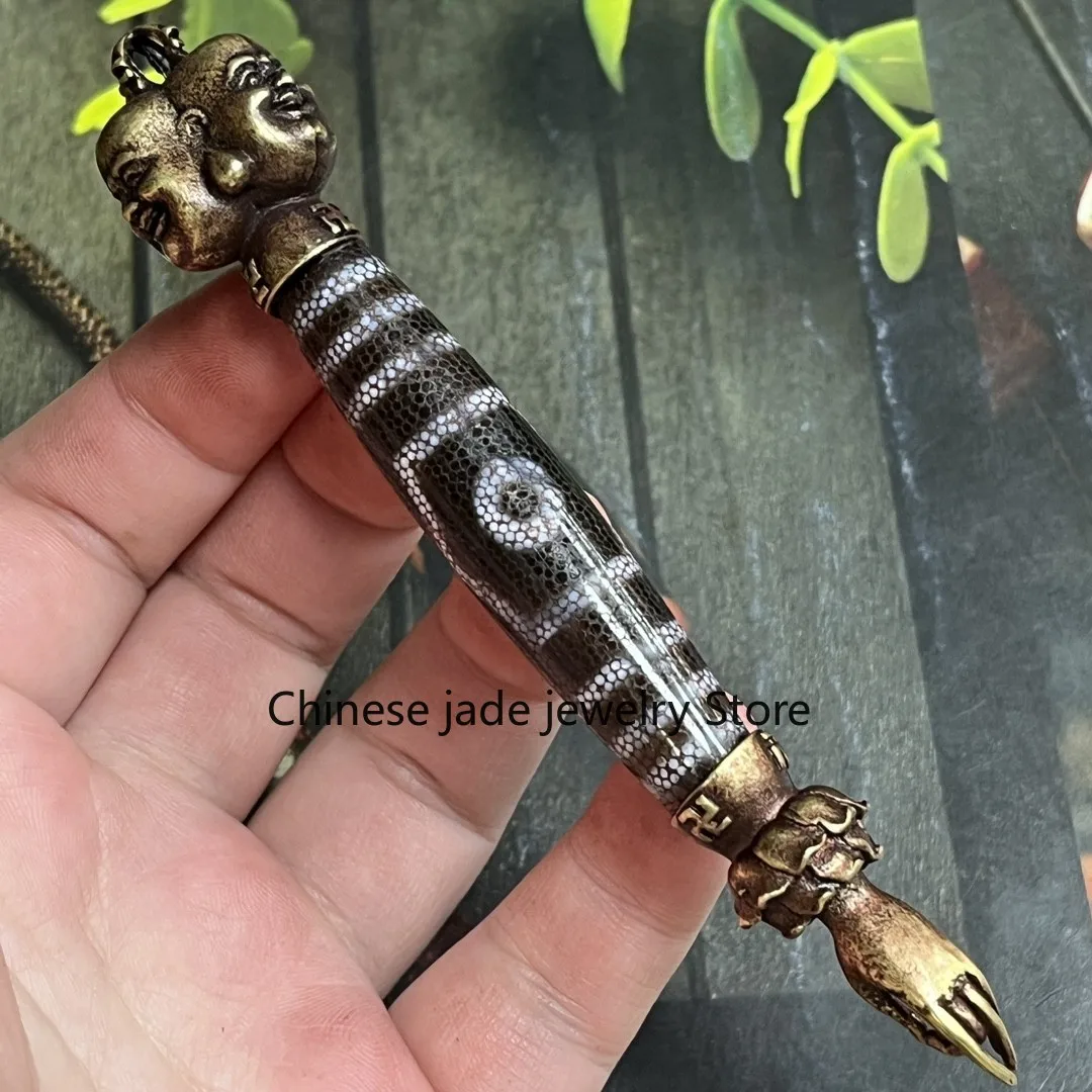 High oil-coated pulp fire supply three-eye dzi beads inlaid with copper laughing Buddha natural agate men's and women's sweater