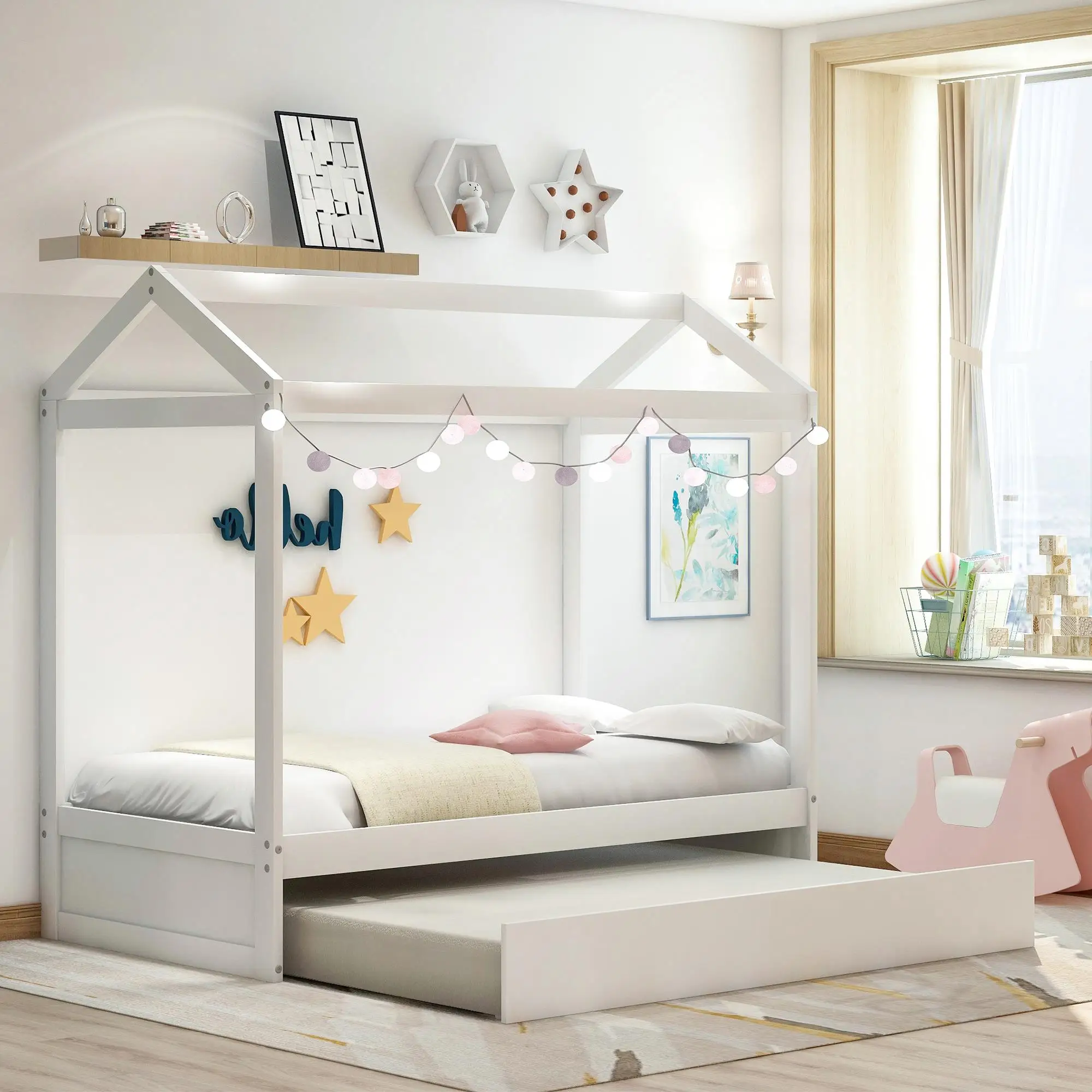 White House Bed with Trundle - Customizable Decor, Space-Saving Design for Kids' Rooms