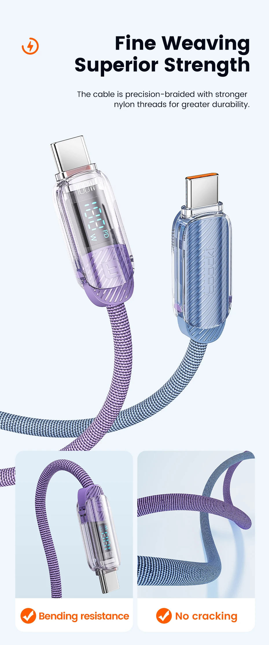 Toocki USB-C-auf-USB-C-Kabel, 100 W, PD-Schnellladekabel, USB-Typ-C-Datenkabel mit digitaler Anzeige für Macbook, iPhone, Samsung. – Detail 11