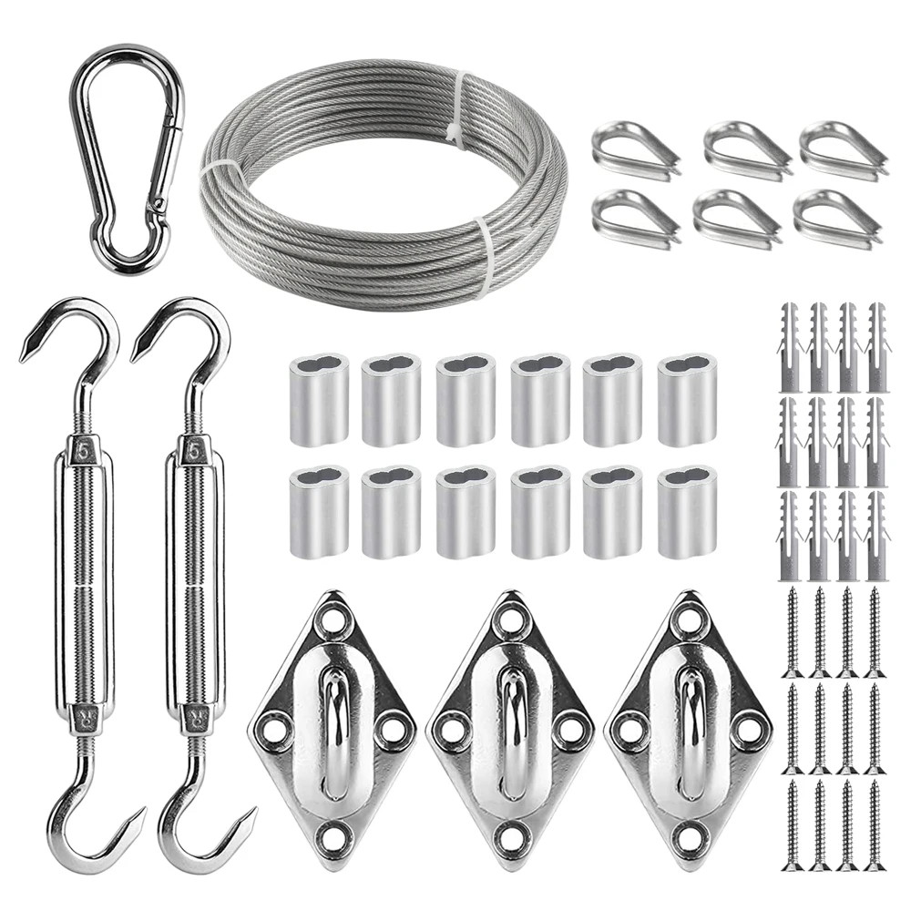 Qbest Sun Shade Sail Hardware Attachments Kit 15M/3mm Stainless Steel Coated Wire Rope for Triangle Install Awning Accessory