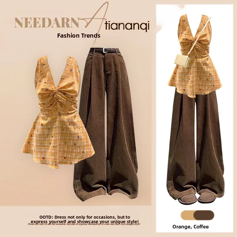 

Dopne Orange Plaid Star Strap Vest Women's Summer Casual Wide Leg Pants Set New 2026 Faion Ensemble Two-Piece Suit