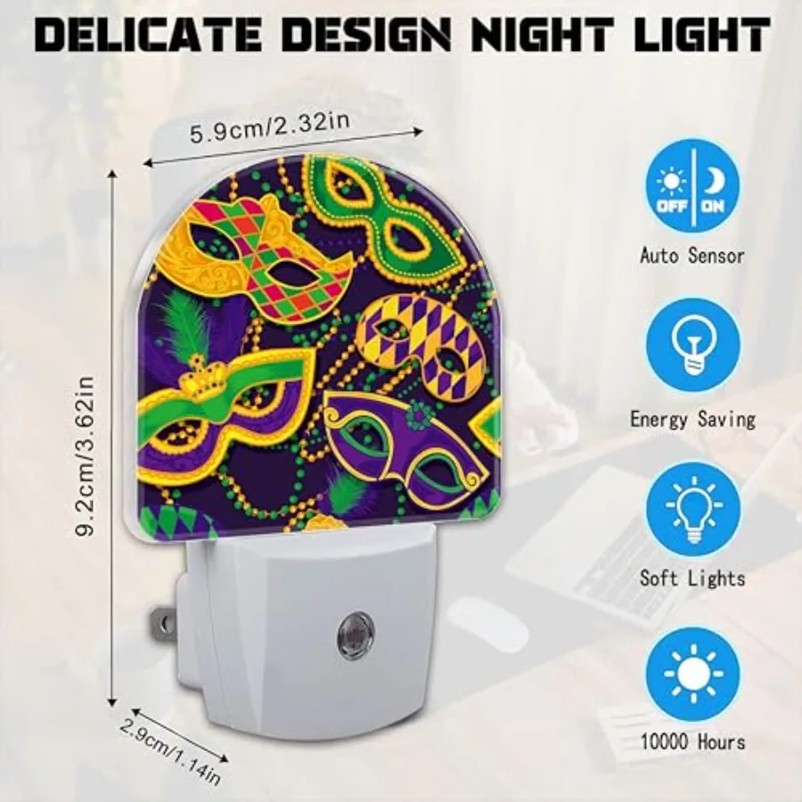 Happy Mardi Gras Night Light for,Colorful Carnival Masks and Beads Plug in Night Light with Dusk to Dawn Sensor, 0.5w Energy Sa