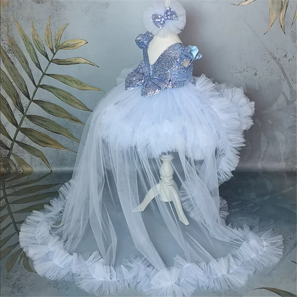 Vestidos de lujo para niña de flores para boda, apliques de cuentas de tul, vestido de desfile de princesa, vestido de primera comunión de manga larga