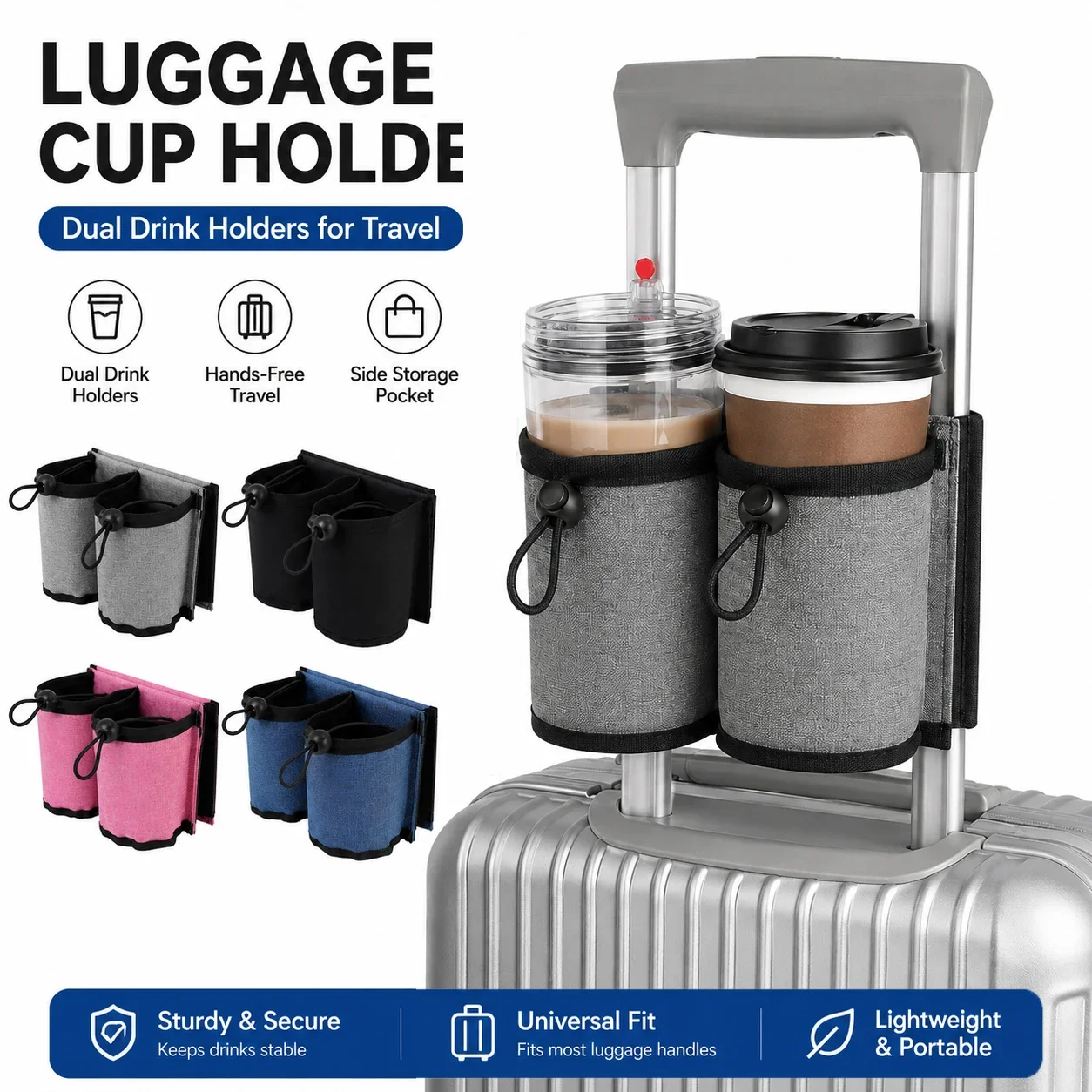 Luggage Cup Holder Travel Drink Carrier for Suitcase Handle Polyester Dual Pocket Cup Sleeve for Airport Trip Daily Use Storage
