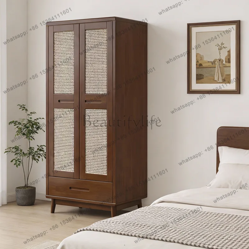 Medieval style wardrobe home bedroom rattan double cabinet door storage solid wood