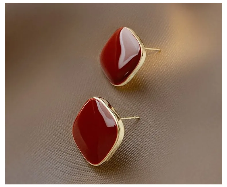 S925 الفضة إبرة الكورية قطرة الزيت الحب أقراط جميلة بورجوندي ساحة هندسية أقراط 2023 الاتجاه المرأة Jewelrg #5