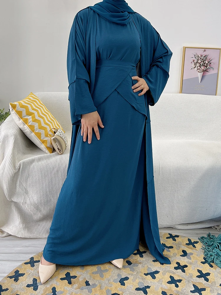 

Women's Casual 3 Piece Set, Muslim Ramadan, Eid Khimar, Short Sleeve Dress, Wrap Skirt, Open Kimono, Abaya, Women Clothing