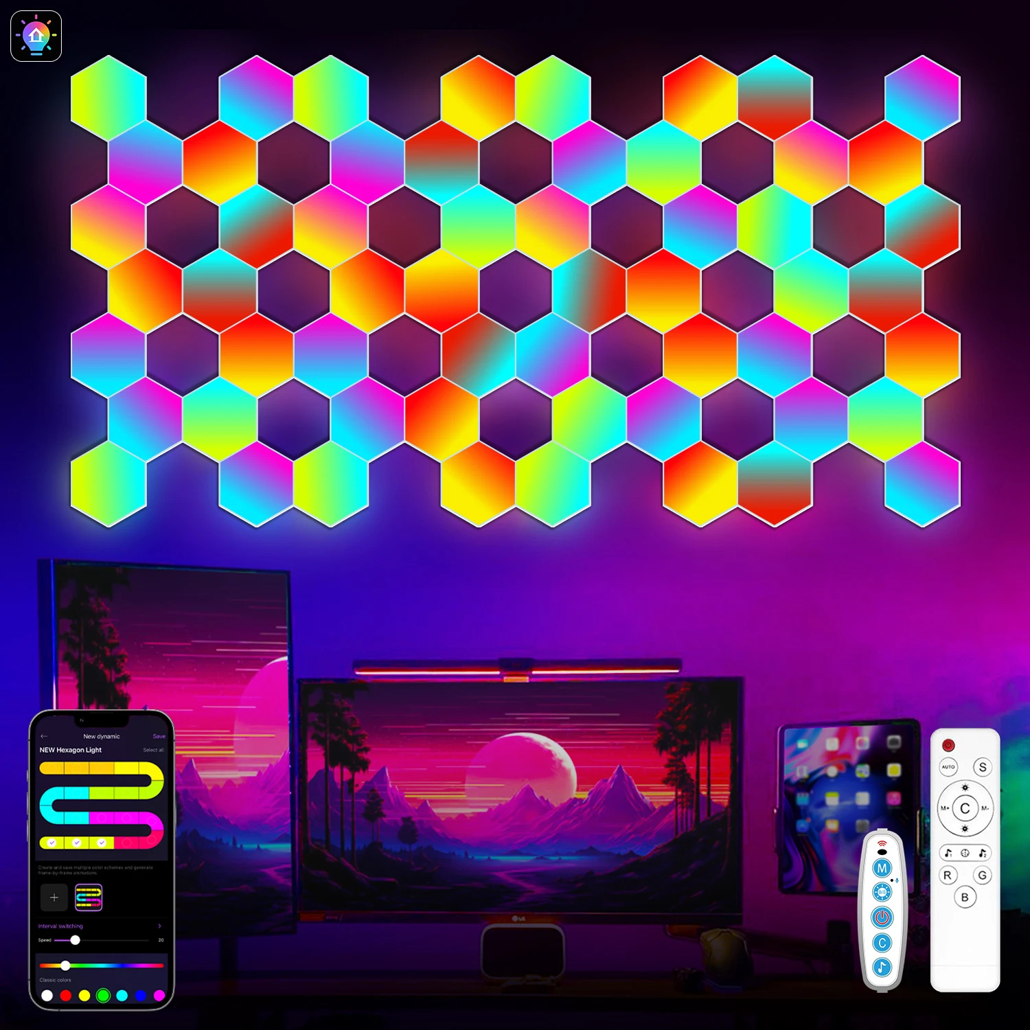 RGB Intelligent Hexagonal Wall Lamp Color Changing Ambient Night Light Hexagona Shape MeRGBW APP DIY Music Sync Game Room Home