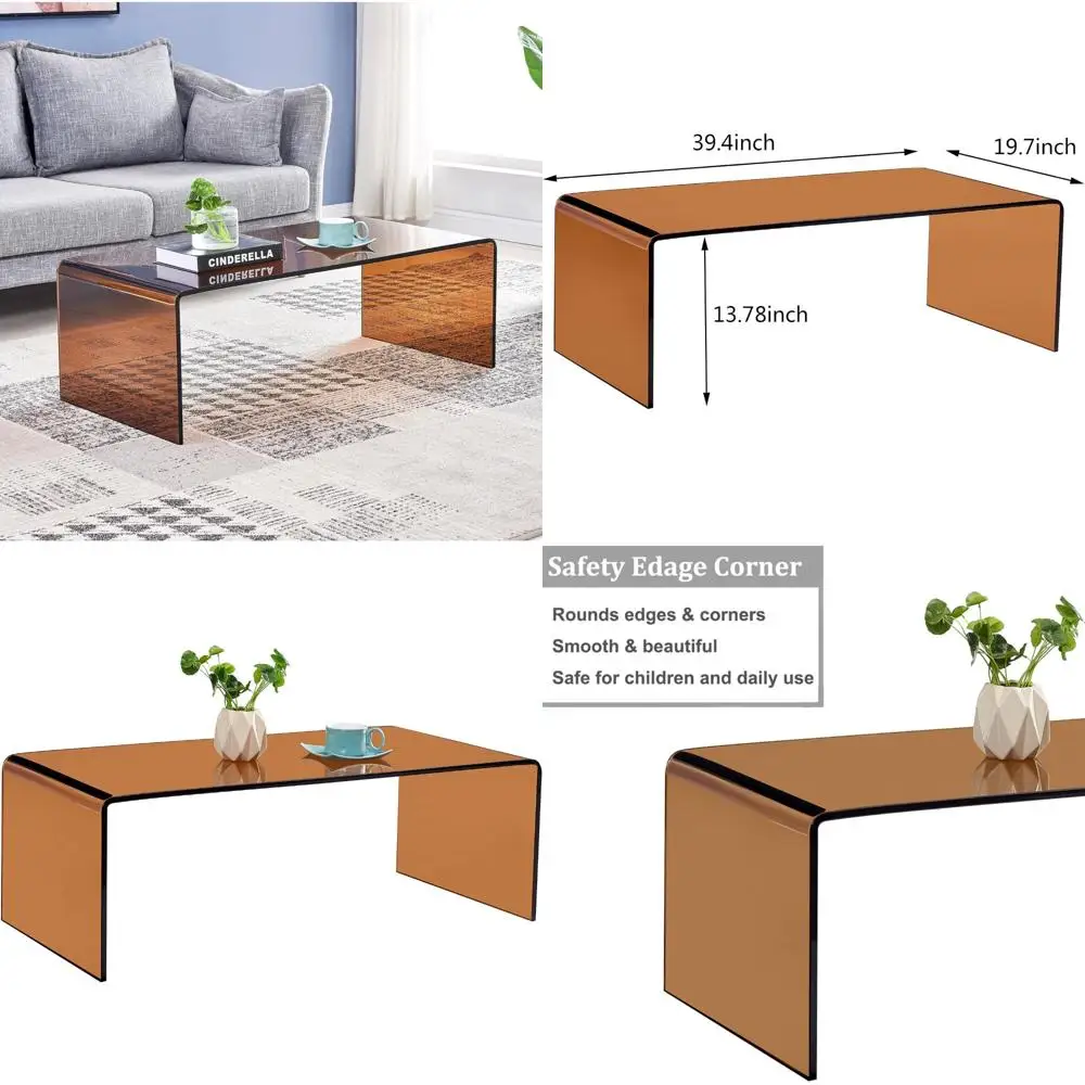 

Modern Rectangular Tempered Glass Coffee Table - Small Living Room Sofa End Table with Brown Finish