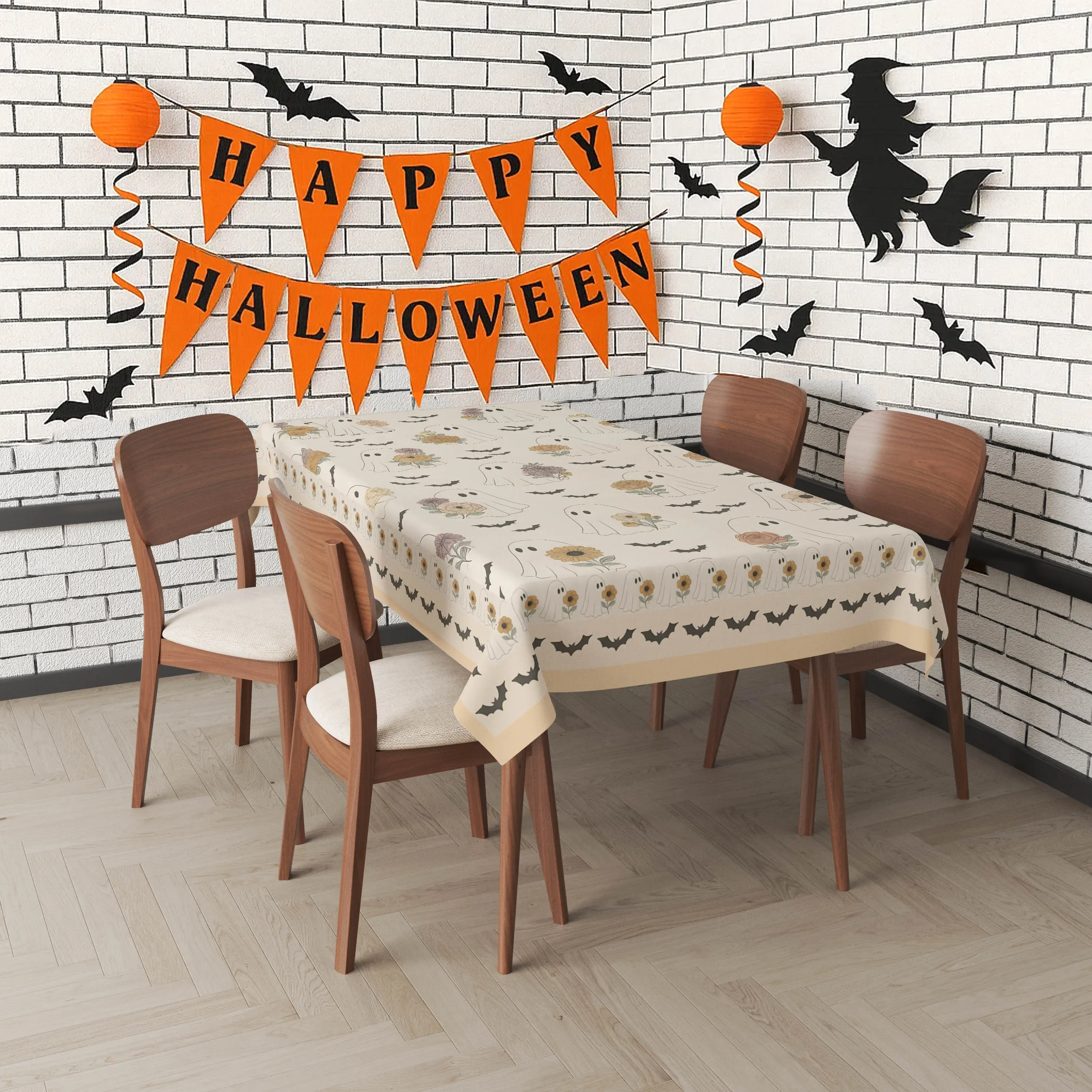 A Halloween-themed vintage tablecloth with ghost and flower patterns, available in round or square sizes.xzj