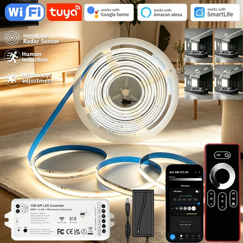 Tuya WiFi 24V WS2811 COB Horse Running Led Strip Smart Life APP Control PIR Motion Sensor Sequential Water Flow Led Lights Room