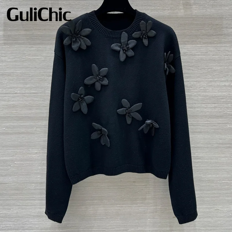 9.6 GuliChic 2024 New Women Sweet Temperament Elegant Wool Sweater 3D Flower Embroidery Long Sleeve Casual Knitwear